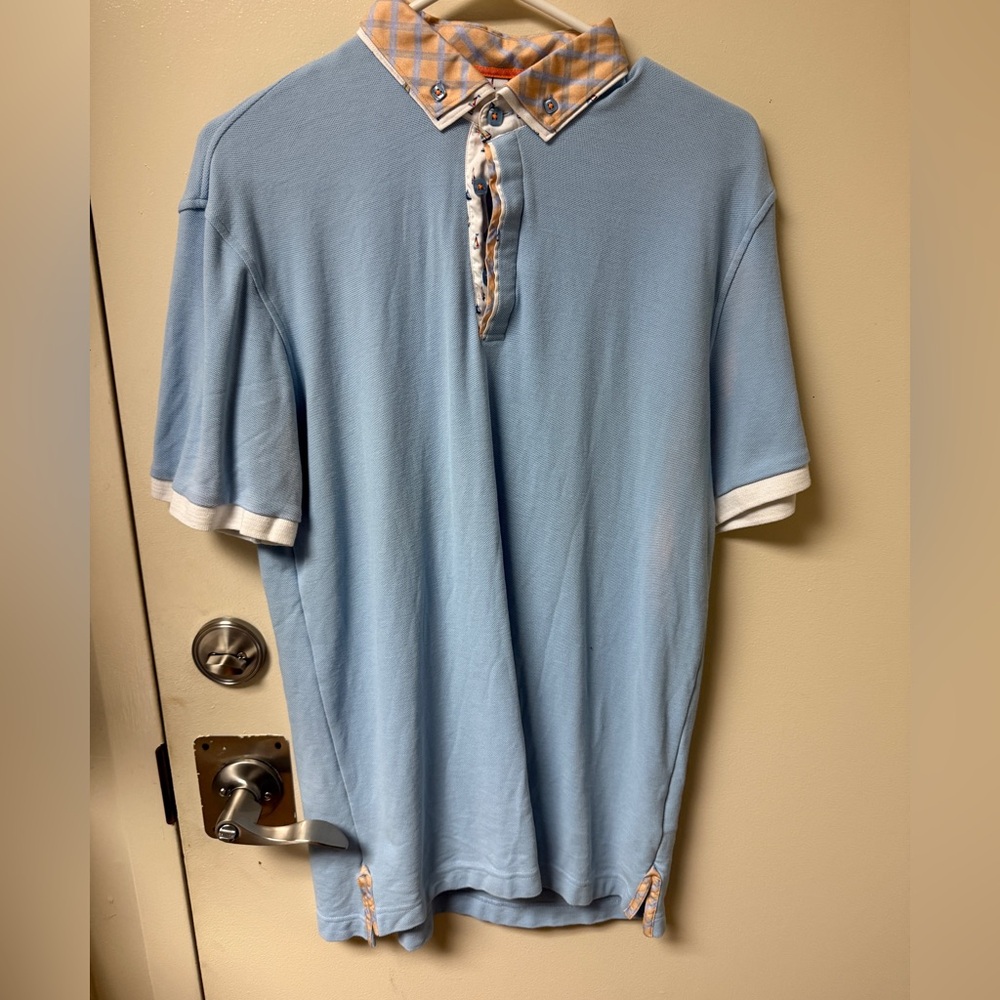 Men's Blue Polo Shirt with Checkered Collar